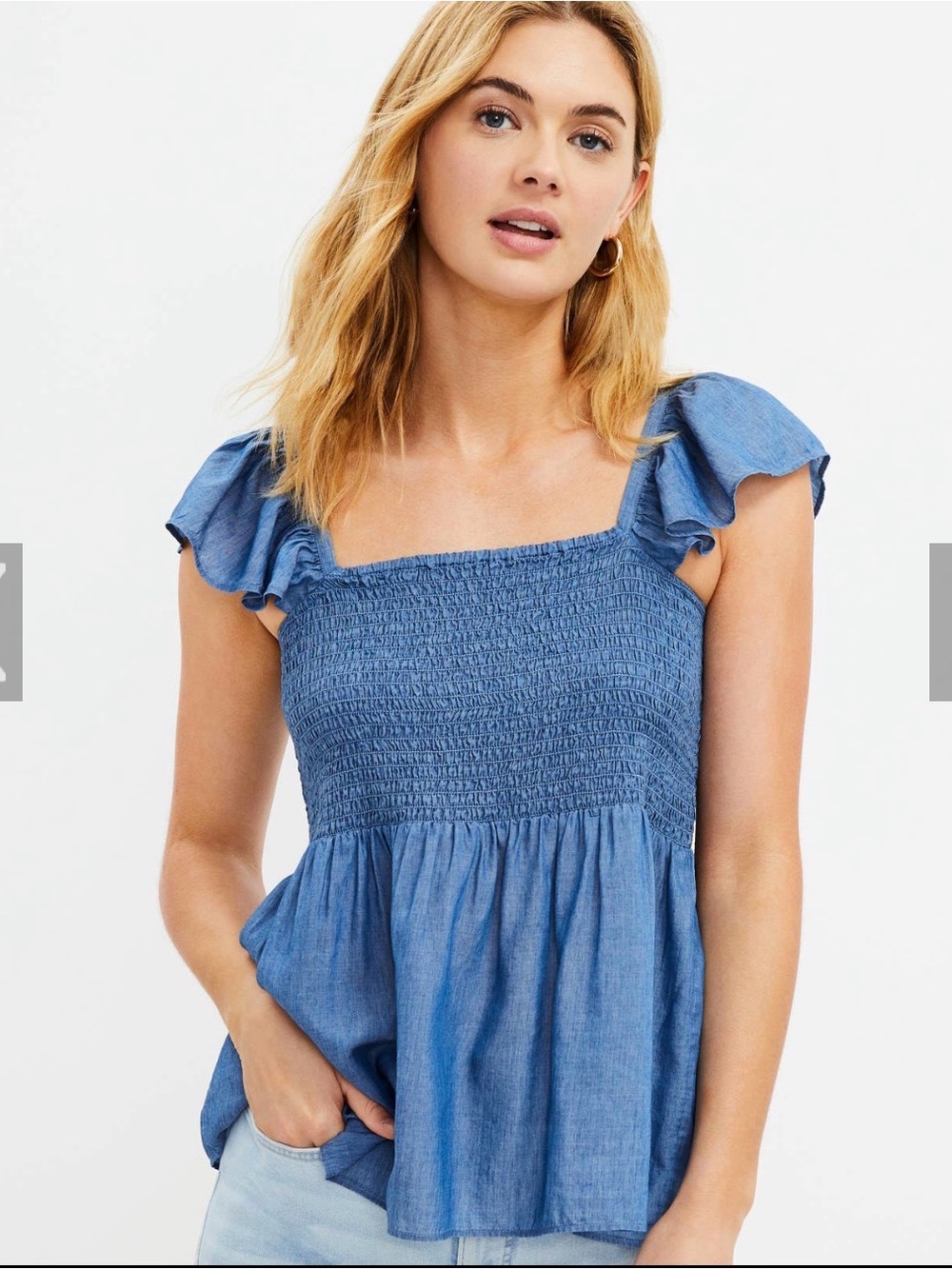 LOFT Chambray Smocked Flutter Sleeve Top - Dusty Blue